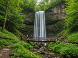 Laurel Falls, an 80-foot waterfall in the Smoky Mountains, with hikers on a wooden walkway.