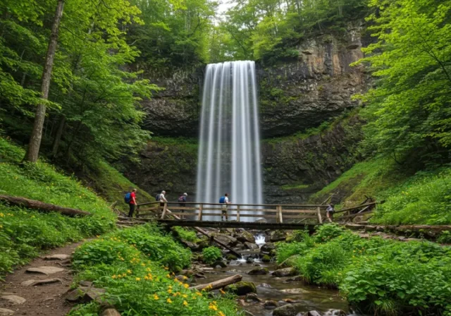 Laurel Falls, an 80-foot waterfall in the Smoky Mountains, with hikers on a wooden walkway.