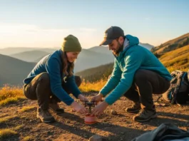 A male and female hiker in full hiking gear set up a small LP camp stove on the ground at their scenic mountain campsite during sunset.