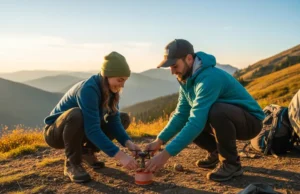 Trail-Ready LP Camp Stoves: A Hiker’s Gear Analysis A male and female hiker in full hiking gear set up a small LP camp stove on the ground at their scenic mountain campsite during sunset.
