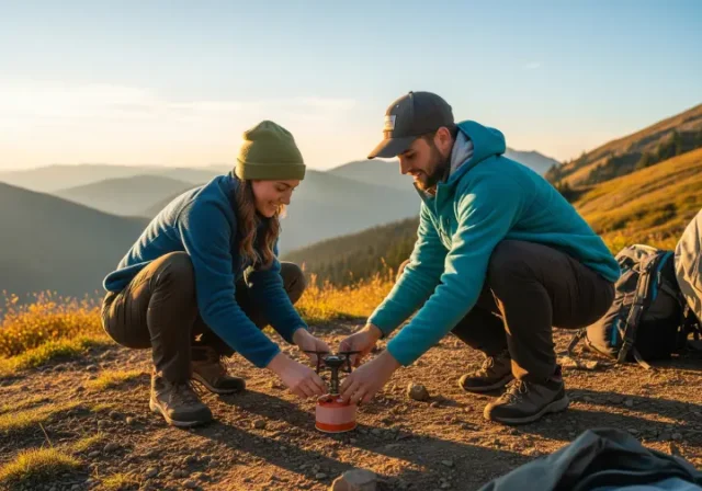 A male and female hiker in full hiking gear set up a small LP camp stove on the ground at their scenic mountain campsite during sunset.