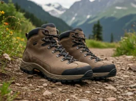 Rugged mens leather hiking boots on a rocky trail, perfect for ultimate comfort and durability.