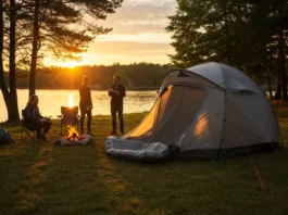 A family setting up an inflatable camping tent at a scenic campsite during sunset.