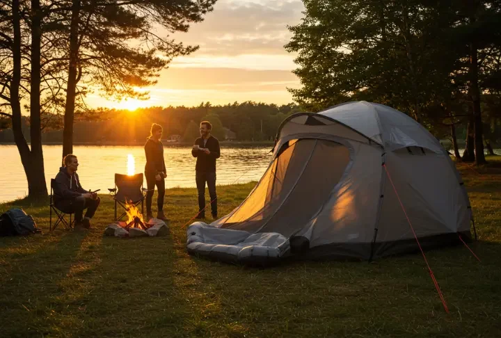 A family setting up an inflatable camping tent at a scenic campsite during sunset.