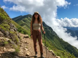 Confident woman wearing durable hiking pants on a mountain trail with lush greenery and distant peaks.