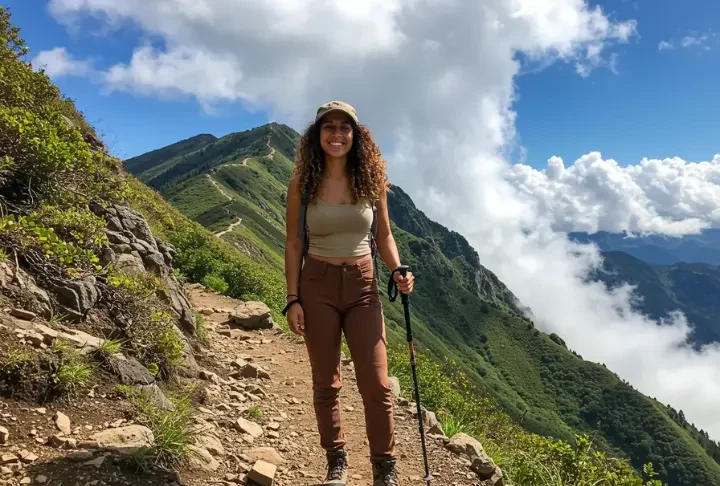 Confident woman wearing durable hiking pants on a mountain trail with lush greenery and distant peaks.