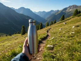 Hiker holding a durable stainless steel water bottle on a mountain trail, perfect for outdoor adventures in 2025.