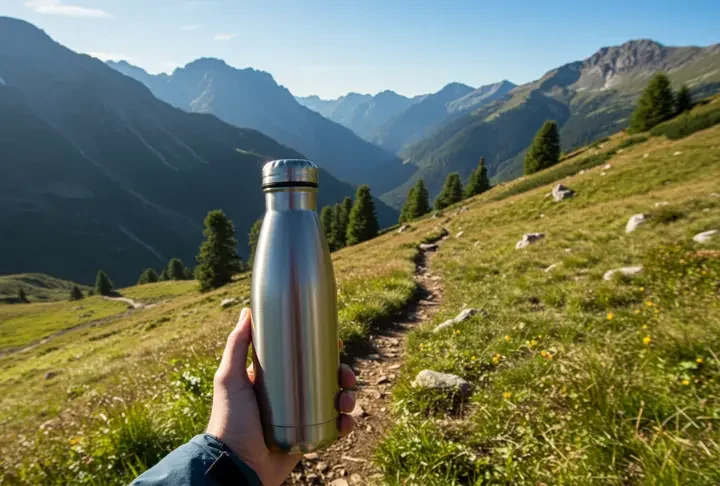 Hiker holding a durable stainless steel water bottle on a mountain trail, perfect for outdoor adventures in 2025.