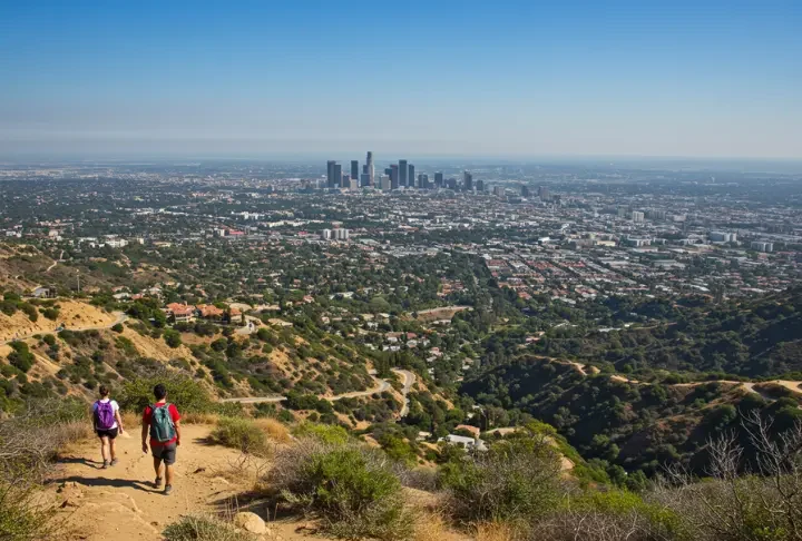 Panoramic view of Los Angeles hiking trails with hikers enjoying scenic urban and natural landscapes.