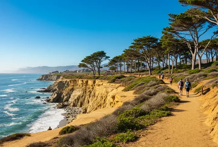 Panoramic view of Torrey Pines hiking trails with coastal cliffs and Torrey Pine trees.