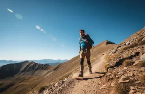 Trekking Shoe Ratings: The Definitive Performance Guide A hiker in a full-body shot walks along a sunny mountain trail, wearing sturdy trekking shoes and a backpack.
