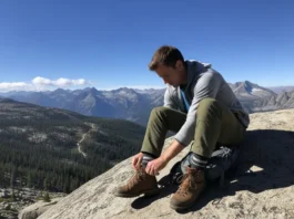 A full-body shot of a hiker sitting on a large rock on a mountain trail, tying their hiking boot, with a wool sock visible.