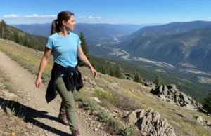 Women’s Hiking Attire: A Complete Wardrobe System Guide A full-body shot of a woman in layered hiking clothes walking on a mountain trail overlooking a vast, sunny valley.