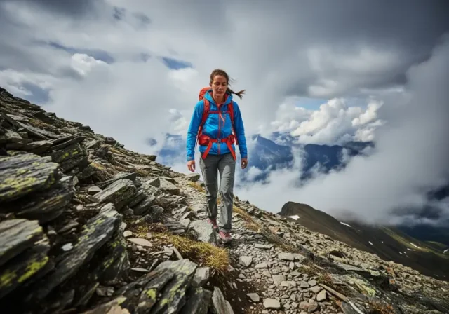 A woman in a full-body shot wearing a technical hiking coat and backpack hikes on a rugged mountain trail under a dramatic, cloudy sky.