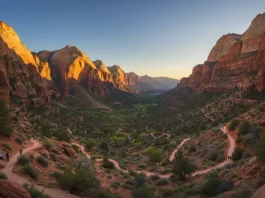 Panoramic view of Zion National Park with red cliffs, lush vegetation, and hikers on a winding trail.