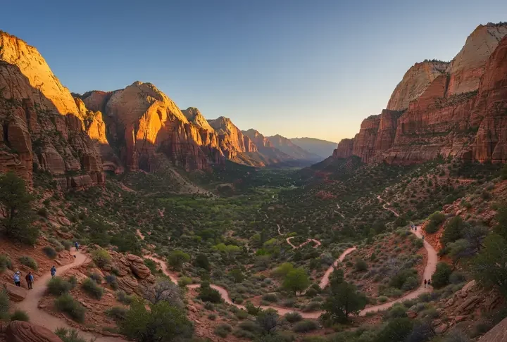 Panoramic view of Zion National Park with red cliffs, lush vegetation, and hikers on a winding trail.