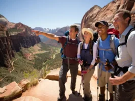 A diverse group of hikers overlooks the vast landscape of Zion National Park, showcasing trails from easy walks to epic adventures for all skill levels.