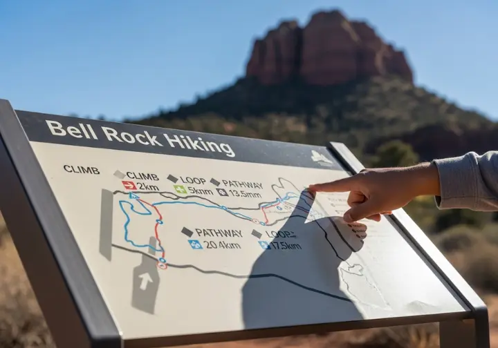 A hiker's hand points to trail options on a Bell Rock hiking signboard, illustrating the choice of different hiking trails available.