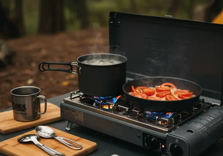 Close-up of a camp stove cooking food in a serene forest setting.