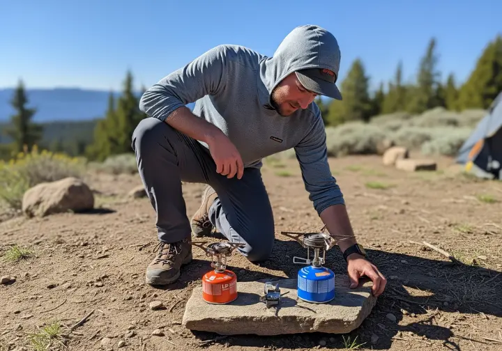 A full-body view of a hiker in outdoor clothing kneeling to compare two different backpacking stoves at a campsite.