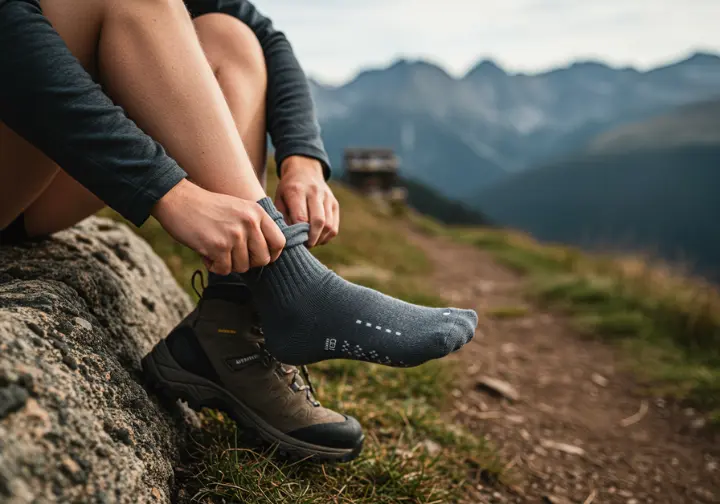 Hiker removing boots to reveal comfortable trekking socks on a mountain trail.
