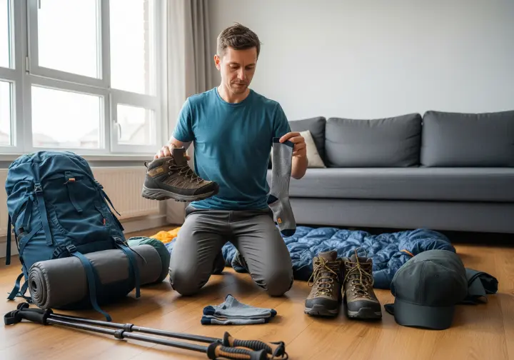 A full-body shot of a person kneeling on a floor, organizing backpacking equipment and comparing a pair of trekking socks to their hiking boots.