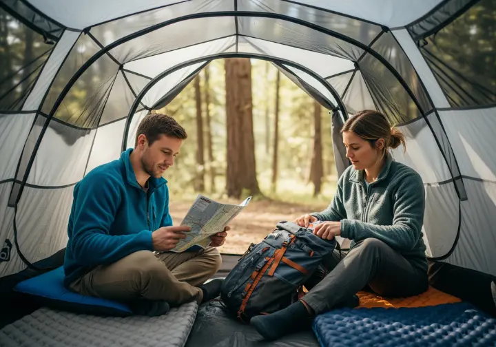 A couple sits inside a large inflatable tent at a campsite, looking at a map and organizing their hiking gear.