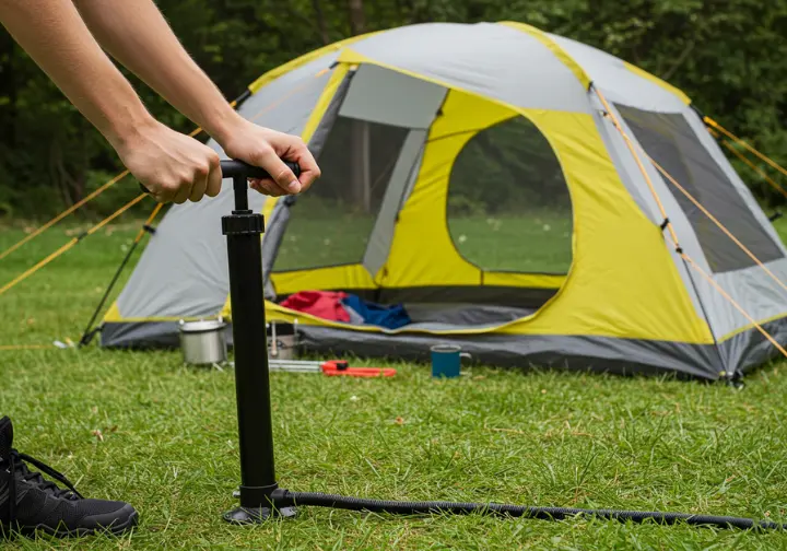 A camper inflating a colorful inflatable tent in a grassy field, highlighting easy setup.