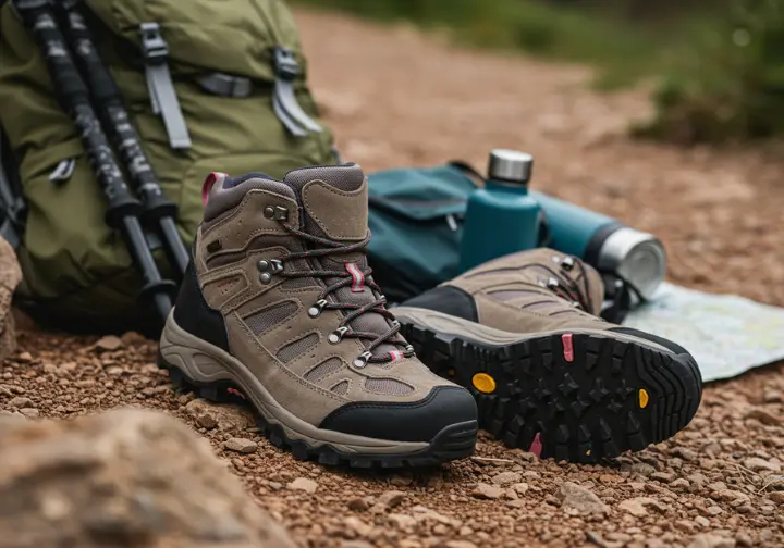 Close-up of sturdy womens hiking boots on a rocky trail with hiking gear nearby.