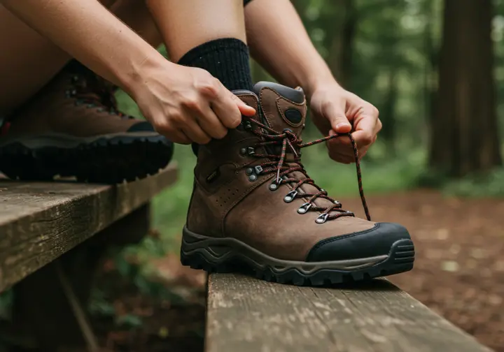 Hiker tying laces of comfortable leather hiking boots in a forest setting.