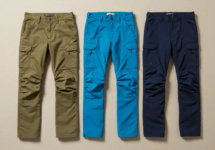 Flat-lay of different styles of hiking pants with key features labeled.