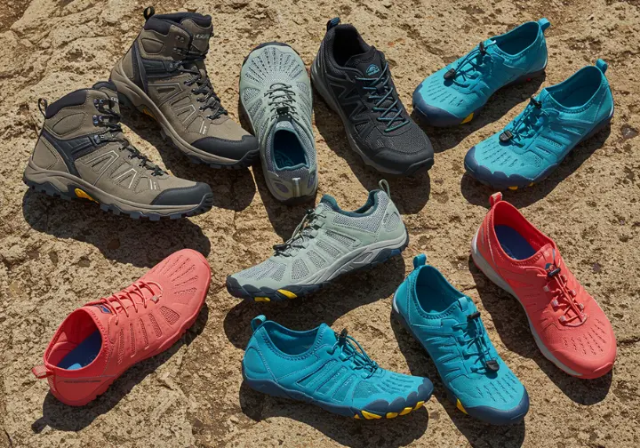 Flat-lay of hiking boots, trail runners, and water shoes with key features labeled.