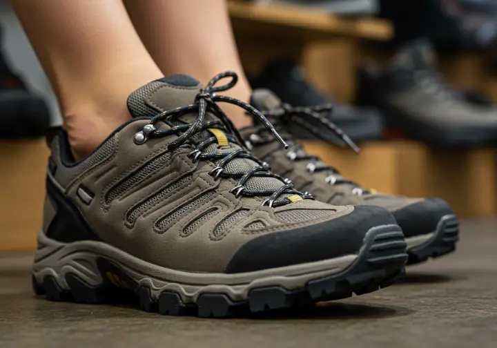 Close-up of hiker trying on trekking shoes for optimal fit and comfort.