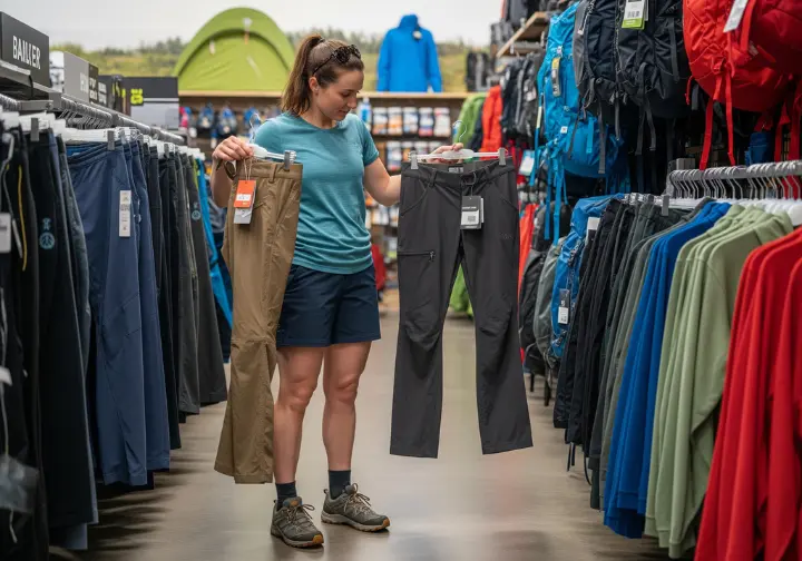A woman in a full-body shot stands in an outdoor store, thoughtfully comparing two different pairs of female hiking pants.