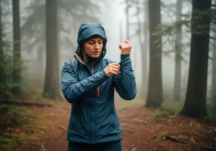 A woman in a full-body shot stands on a foggy forest path and carefully adjusts the technical hood of her waterproof hiking coat.
