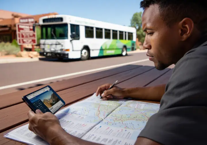 A hiker plans their Zion trip, navigating shuttle schedules, parking information, and permit requirements on a map and phone.