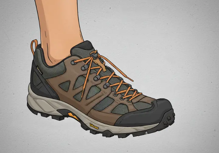 Anatomical diagram of waterproof hiking shoe with cushioning and support details. 