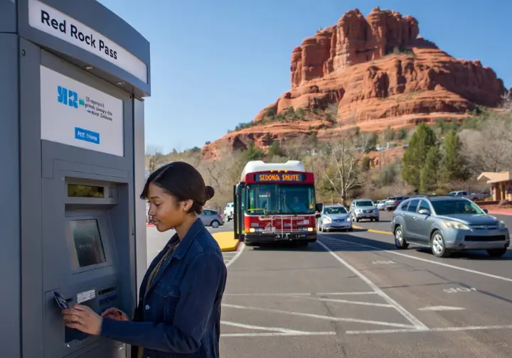 A busy parking lot at Bell Rock with a Red Rock Pass kiosk and a Sedona Shuttle bus, highlighting the parking and pass logistics for a visit.