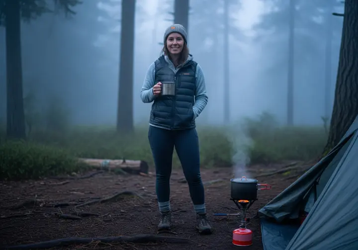 A hiker stands at a scenic forest campsite in the morning, holding a steaming mug, with a lit backpacking stove and pot on the ground nearby.