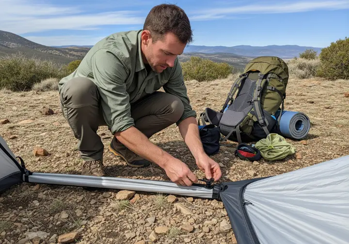 A male hiker kneels beside an inflatable tent in the outdoors, closely inspecting the construction of an air beam.