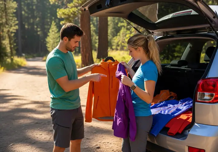 A man and woman in hiking gear, seen in a full-body shot, compare several women's hiking coats laid out on their car's tailgate at a trailhead.