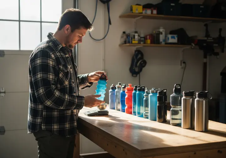 A full-body shot of a man at a workbench, weighing and comparing various types of hiking water bottles as part of a review process.