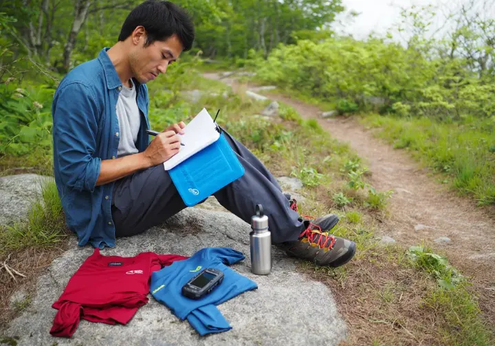 A hiker sits on a rock on the trail, taking notes in a field journal as part of the testing process for men's hiking shirts.