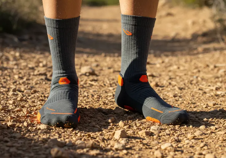 Hiker wearing moisture-wicking trekking socks on a sunny trail.