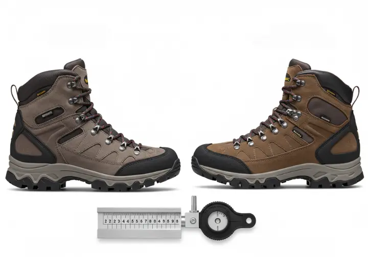 Comparison of womens and mens hiking boots with measuring tools for proper fit.