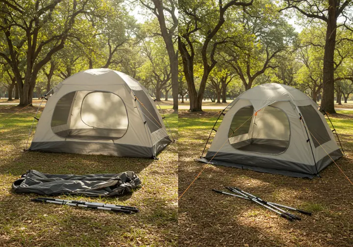 Comparison of an inflatable tent and a traditional pole tent at a sunny campsite.