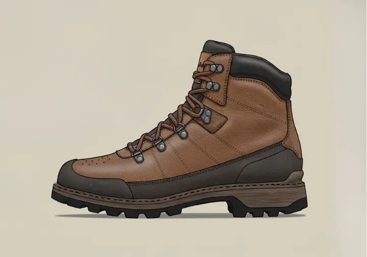 Detailed diagram of mens leather hiking boots showing key features like full-grain leather and Vibram soles.