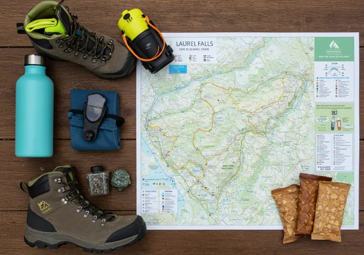 Flat-lay of hiking essentials with a Laurel Falls Trail map in the background.