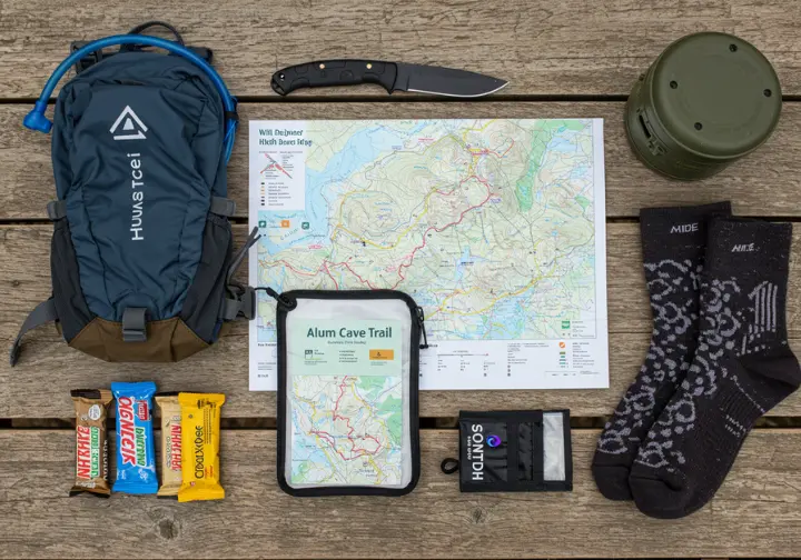 Flat-lay of hiking essentials with an Alum Cave Trail map in the background.
