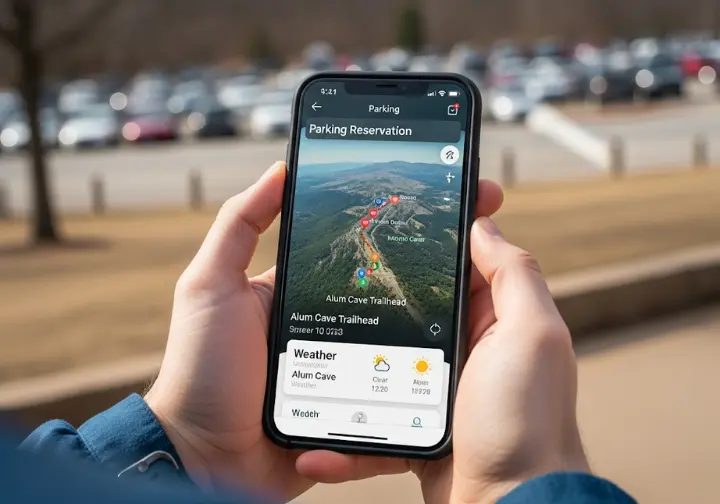 Hands holding a smartphone displaying a parking reservation, trail map, and weather forecast, representing logistical planning for the popular Alum Cave Trail.